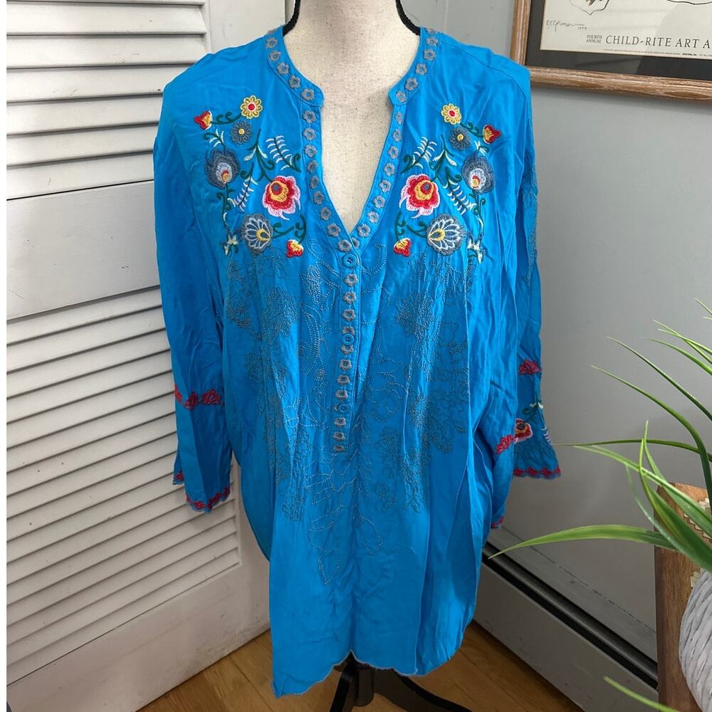 St Lareina Tunic Womens XXL Blue Embroidered Peasant Festival Resort Boho Chic